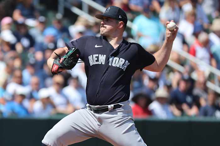 Yankees pitcher Carlos Rodon will start the season on the IL with a forearm strain.